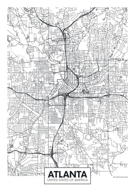 City map Atlanta, travel vector poster design City map Atlanta, travel vector poster design detailed plan of the city, rivers and streets traffic silhouettes stock illustrations