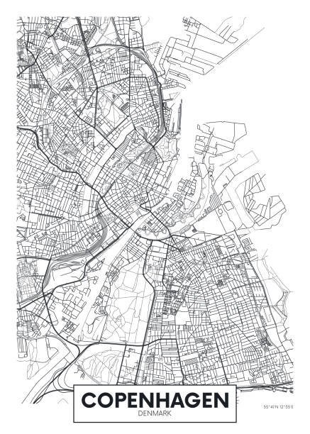 город карта копенгагена, путешествия вектор плакат дизайн - copenhagen stock illustrations