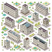 Flat 3d set of the isometric town buildings city map elements theatre palace hall university hotel for game development collection. Assemble Your Own 3D World