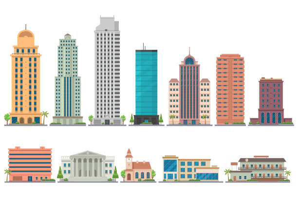 도시 현대 건물 평면 그림 흰색 배경에 고립. 마천루와 도시 풍경입니다. 사무실, 학교, 은행, 교회, 클럽, 모텔, 아파트. 벡터 eps 10 - 고층 건물 stock illustrations