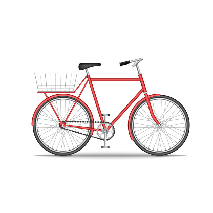 City old bike with a basket on the trunk isolated on white background, red bicycle realistic 3d model vector illustration, environmentally friendly transport.