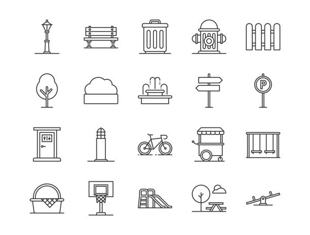 city park icons. Set of city park element icon. Outline style icons park bench stock illustrations