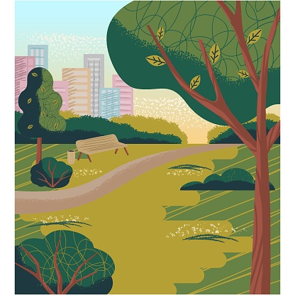 City park landscape vector. Cartoon nature scene with bench, grass lawn and town skyscraper building silhouette skyline. Outdoor area for recreation, yoga and relax
