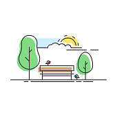 City Park with a bench and birds. Icon Central Park. Vector illustration in trendy flat linear style with color shapes isolated on white background