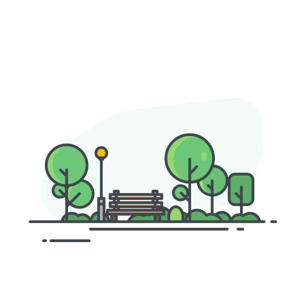 City park with bench City park bench, lawn and trees, street lamp. Flat style line vector illustration. Green park in center of town. Parks and recreation concept. town square stock illustrations
