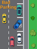 City parking lot with different cars. Shortage parking spaces. Parking zone top view with vehicles. Bad or wrong car parking. Traffic regulations. Rules of the road. Vector illustration in flat style