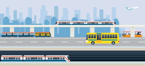 City, Public Transport and Transit Bus, Train, Skytrain, Metro, Boat and Airplane underground stock illustrations