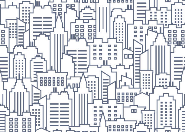 City seamless pattern City scape seamless pattern. Thin line City background. Downtown landscape with high skyscrapers. Panorama architecture City landscape wallpaper. Goverment buildings outline illustration. Urban life. Vector illustration city patterns stock illustrations