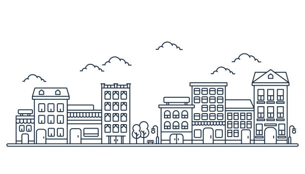 라인 아트 스타일의 도시 스카이 라인, 부동산 및 부동산 배너에 대한 흰색 배경의 주택, 나무와 구름풍경 - 공동체 일러스트 stock illustrations