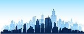 City skyline panoramic Background Set is set in a horizontal space. The sky is a blue background and the buildings are in dark blue. The image features, skyscraper buildings and creates a detailed city skyline.