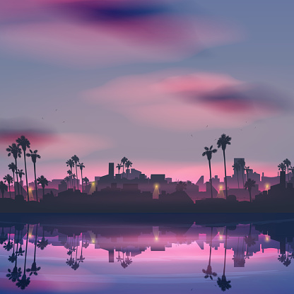 City skyline reflection in sea landscape with palm tree at night
