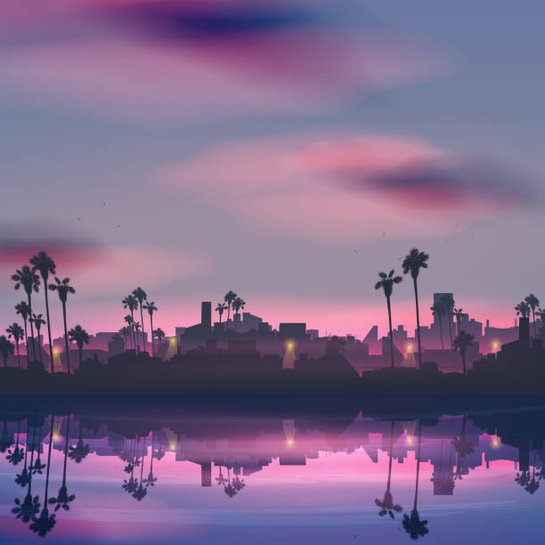 stockillustraties, clipart, cartoons en iconen met city skyline reflectie in zee landschap met palmboom 's nachts - street motion blur