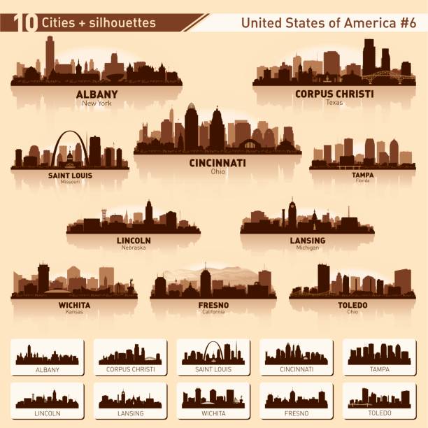ilustraciones, imágenes clip art, dibujos animados e iconos de stock de conjunto de skyline de la ciudad. 10 siluetas de la ciudad de los e.e.u.u. #6 - cincinnati