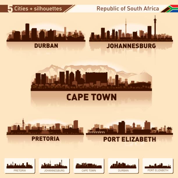 City skyline set 10 vector silhouettes of South Africa City skyline set. South Africa. Vector silhouette background illustration. durban stock illustrations