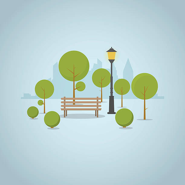 City skyscrapers skyline Wooden park bench in big city park with trees and bushes, city skyscrapers skyline on background. Street classic park lamp near bench and circled shadows. town square stock illustrations