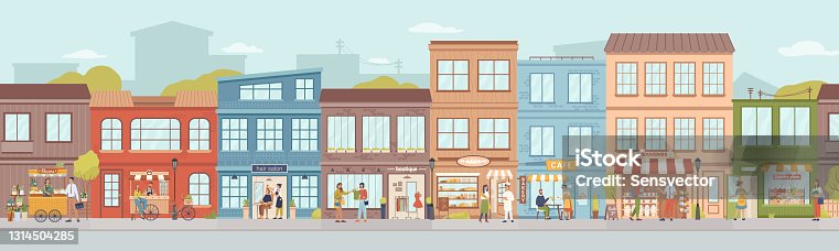 istock City small buildings facade exterior design. Vector urban street with local markets, flower florist shop, bakery and barbershop, clothing boutiques and cafes, restaurants and cafeterias, people 1314504285