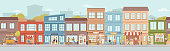 istock City small buildings facade exterior design. Vector urban street with local markets, flower florist shop, bakery and barbershop, clothing boutiques and cafes, restaurants and cafeterias, people 1314504285