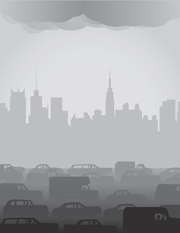 Pollution from vehicles casts a gloomy gray smog over the city. EPS, Layered PSD, High-Resolution JPG included. Each item is on a separate, clearly-labeled layer.