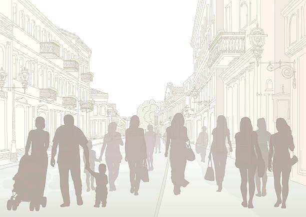 City street and people silhouettes Daytime city street and dark people silhouettes architecture silhouettes stock illustrations
