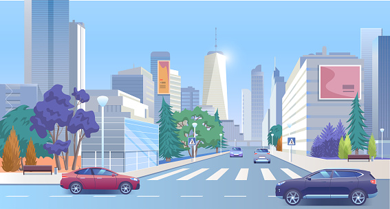 City street downtown vector illustration, cartoon 3d urban panoramic cityscape, business office center with skyscraper tower buildings, empty crosswalk