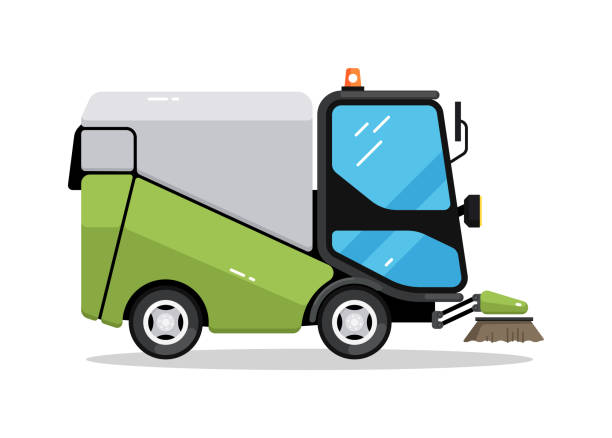 City street road sweeper truck isolated on white vector art illustration