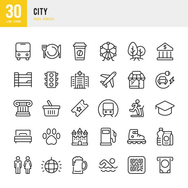 City - thin line icon set. Vector illustration. Pixel perfect. The set contains icons: Airport, Bus Station, Hotel, Park, Subway, Electric Charging Station, Fitness Gym, Ancient Architecture, Supermarket, ATM. vector art illustration