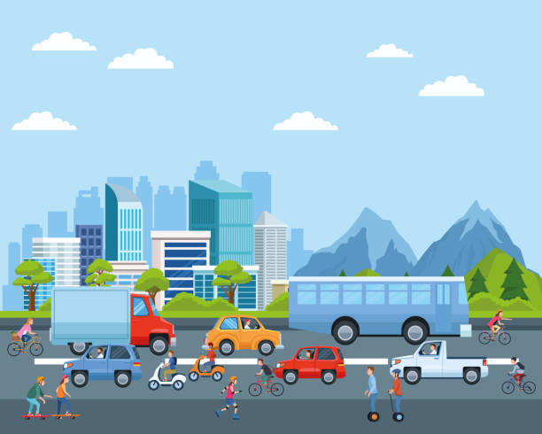 мультфильмы о городском транспорте и мобильности - в пути stock illustrations