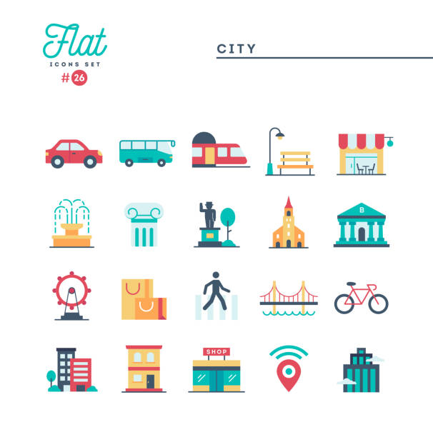 ilustrações de stock, clip art, desenhos animados e ícones de city, transportation, culture, shopping and more, flat icons set - car city