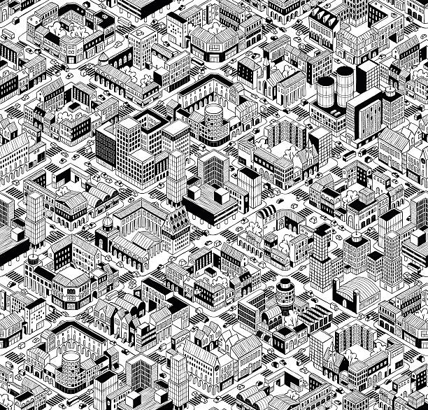 City Urban Blocks Isometric Seamless Pattern - Large City Urban Blocks Seamless Pattern (Large) in isometric projection is hand drawing with perimeter blocks, courtyards, streets and traffic. Illustration is in eps8 vector mode, pattern is repetitive. traffic designs stock illustrations