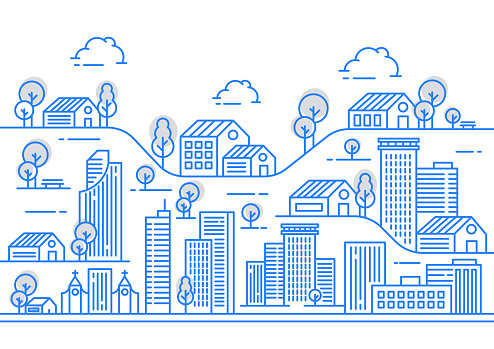 City view illustration with a variety of building shapes with thin line styles