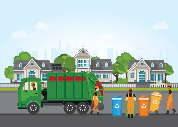 ilustrações, clipart, desenhos animados e ícones de cidade de resíduos reciclagem conceito com caminhão de lixo e coletor de lixo. - gari