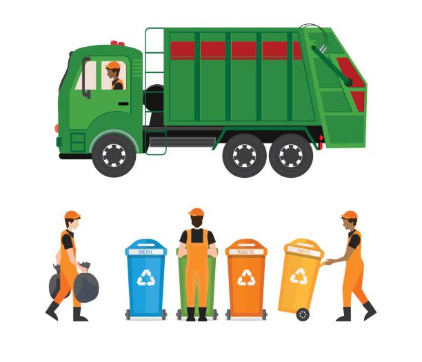 ilustrações, clipart, desenhos animados e ícones de cidade de resíduos reciclagem conceito com caminhão de lixo e coletor de lixo, isolado no fundo branco. - gari