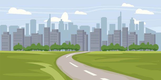 Cityscape background. Buildings silhouette cityscape. Modern architecture. Urban landscape. Horizontal banner with megapolis panorama. Vector illustration Cityscape background. Buildings silhouette cityscape. Modern architecture. Urban landscape. Horizontal banner with megapolis panorama. road silhouettes stock illustrations