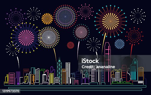 istock Cityscape Building Line Hong kong city and firework Vector Illustration design 1319973370