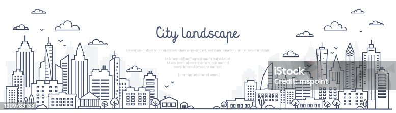 istock Cityscape line panorama - urban landscape in linear style on white background. Thin line vector illustration 1309783133