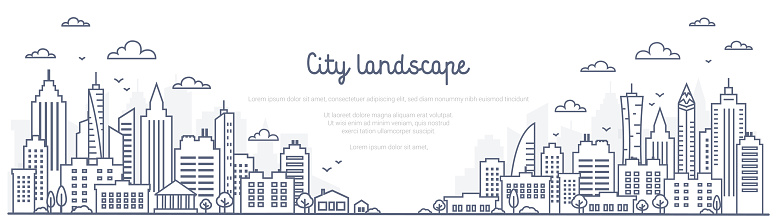 Cityscape line panorama - urban landscape in linear style on white background. Thin line vector illustration