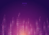 Cityscape on a dark background with bright and glowing neon purple and yellow lights. Futuristic night city. Cyberspace and retro style. Vector illustration
