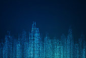 istock Cityscape on dark blue background with bright glowing neon 1299635894