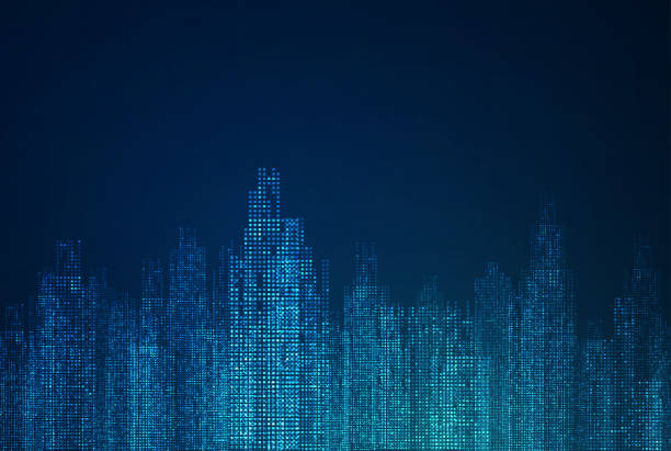 Cityscape on dark blue background with bright glowing neon Cityscape on dark blue background with bright glowing neon city backgrounds stock illustrations