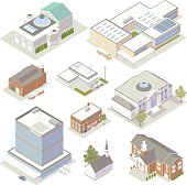 Illustration of isometric community, civic and government buildings, including: a hospital, school, police station, firehouse, museum, post office, library, church, courthouse, opera house or concert hall, and a town hall or city hall.