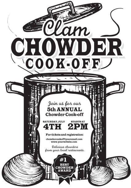 Clam Chowder cookoff event invitation design template Vector illustration of a Clam Chowder invitation design template. Vintage and retro look. Includes cookin pot or crock pot with open lid, clams, woodcut style. White or isolated on white background. Perfect for cook off invitation design template or poster advertisement flyer. Private or corporate party, festival, event, birthday party, fun family event gathering, potluck supper. printable of fish drawing stock illustrations