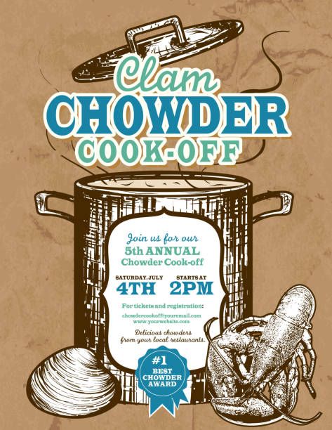 Clam Chowder cookoff event invitation design template Vector illustration of a Clam seafood Chowder invitation design template. Vintage and retro look. Includes rope, stylized crock pot with open lid, clams, lobster, woodcut style. Paper bag texture paper background. Perfect for cook off invitation design template or poster advertisement flyer. Private or corporate party, festival, event, birthday party, fun family event gathering, potluck supper. cooking competition stock illustrations