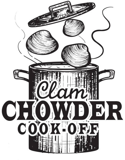 Clam Chowder cookoff event label Vector illustration of a Clam Chowder invitation design template. Vintage and retro look. Includes cookin pot or crock pot with open lid, clams, woodcut style. White or isolated on white background. Perfect for cook off invitation design template or poster advertisement flyer. Private or corporate party, festival, event, birthday party, fun family event gathering, potluck supper. printable of fish drawing stock illustrations