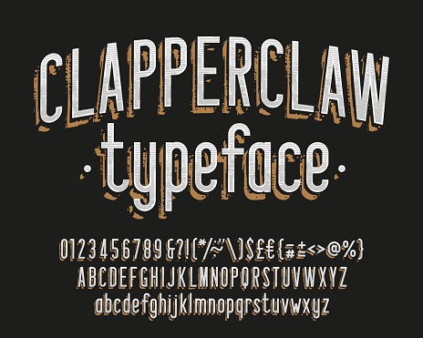 Clapperclaw alphabet font. Vintage narrow letters, numbers and symbols. Uppercase and lowercase. Stock vector typescript for your typography design.