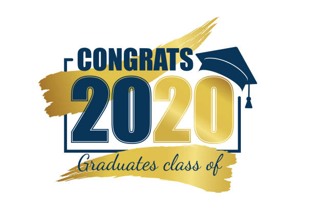 Class of 2020. Hand drawn brush gold stripe and number with education academic cap. Vector illustration.  graduation stock illustrations