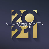 Class of 2021. Congratulations graduation banner numbers golden design elements. Vector graduation black and gold logo. Grad concept design for high school or college party, photo album, web.