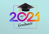 Class of 2021, elegant vector card in colorful for banners, flyers, invitations, greetings, business diaries, congratulations and posters at the prom. Colors graduation, class of 2021.