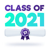 Class of 2021 graduation college university high school diploma white background design.