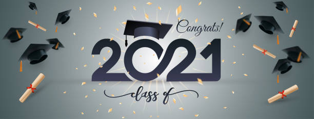 Class of 2021 typography lettering. Poster with golden glitter confetti. Congratulations graduates line design gold black cap white isolated background banner. Class of 2021 typography lettering. Poster with golden glitter confetti. Congratulations graduates line design gold black cap white isolated background banner. graduation backgrounds stock illustrations