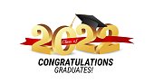 Class of 2022. Congratulations graduates gold graduation concept with 3d text and decorative elements. Graduation typography design template. Congrats graduates Flat style vector illustration